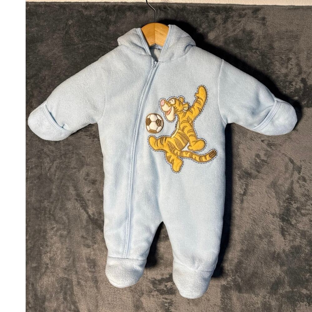Disney Baby Tigger Fleece Snowsuit Bunting 3-6M Blue Soccer vTG Y2K